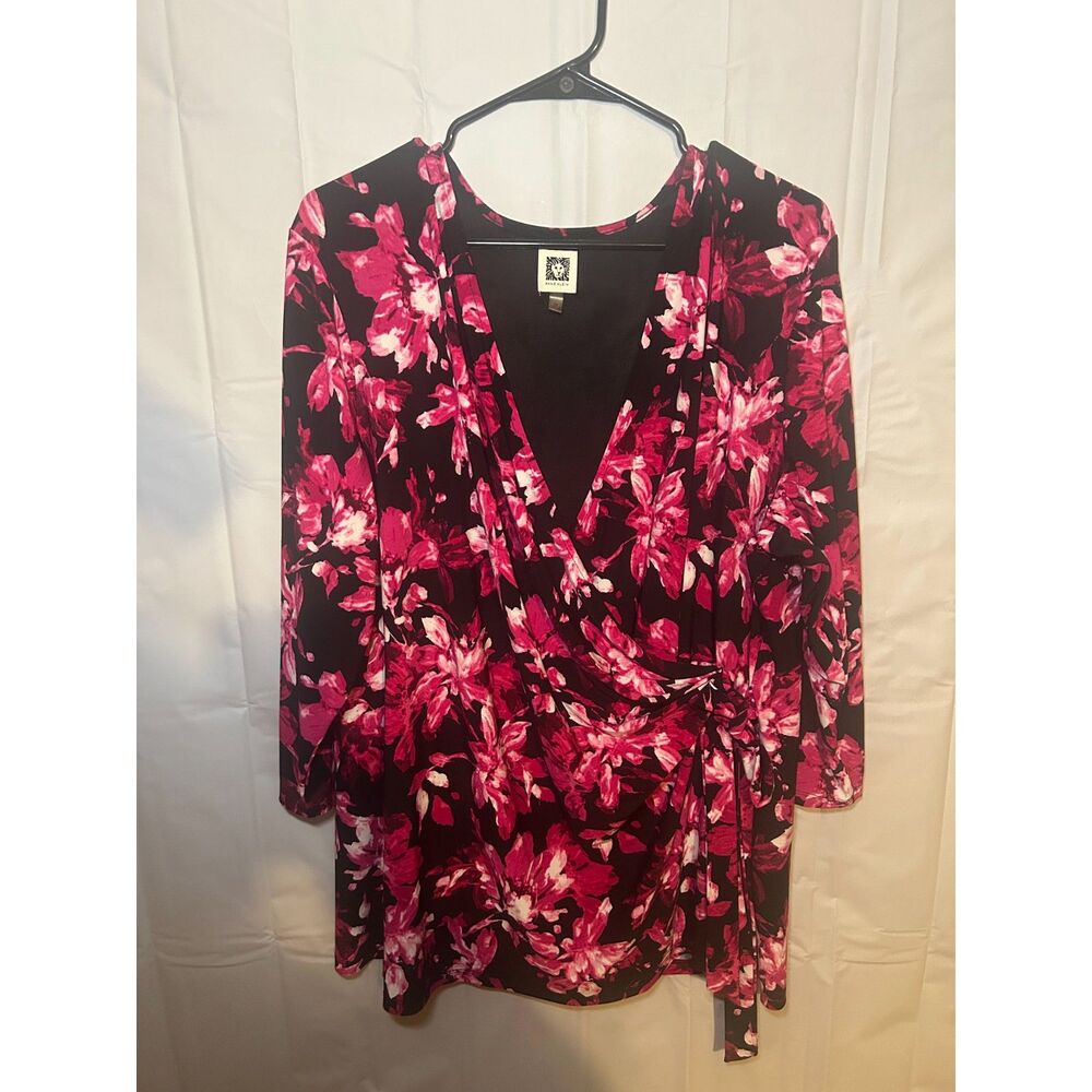 Anne Klein Pink Black Floral Print Side Tie Faux Wrap Blouse Top Womens Plus 2X